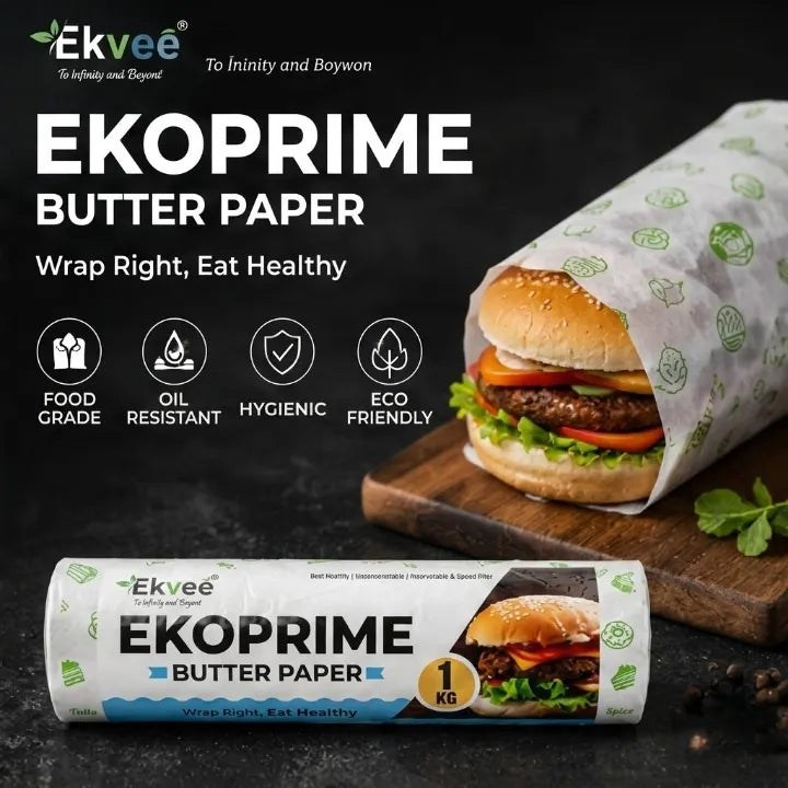  Ekoprime Butter Paper roll, 1 kg pack, shown with a burger wrapped in printed butter paper; the image highlights food grade, oil resistant, hygienic, and eco-friendly features.
