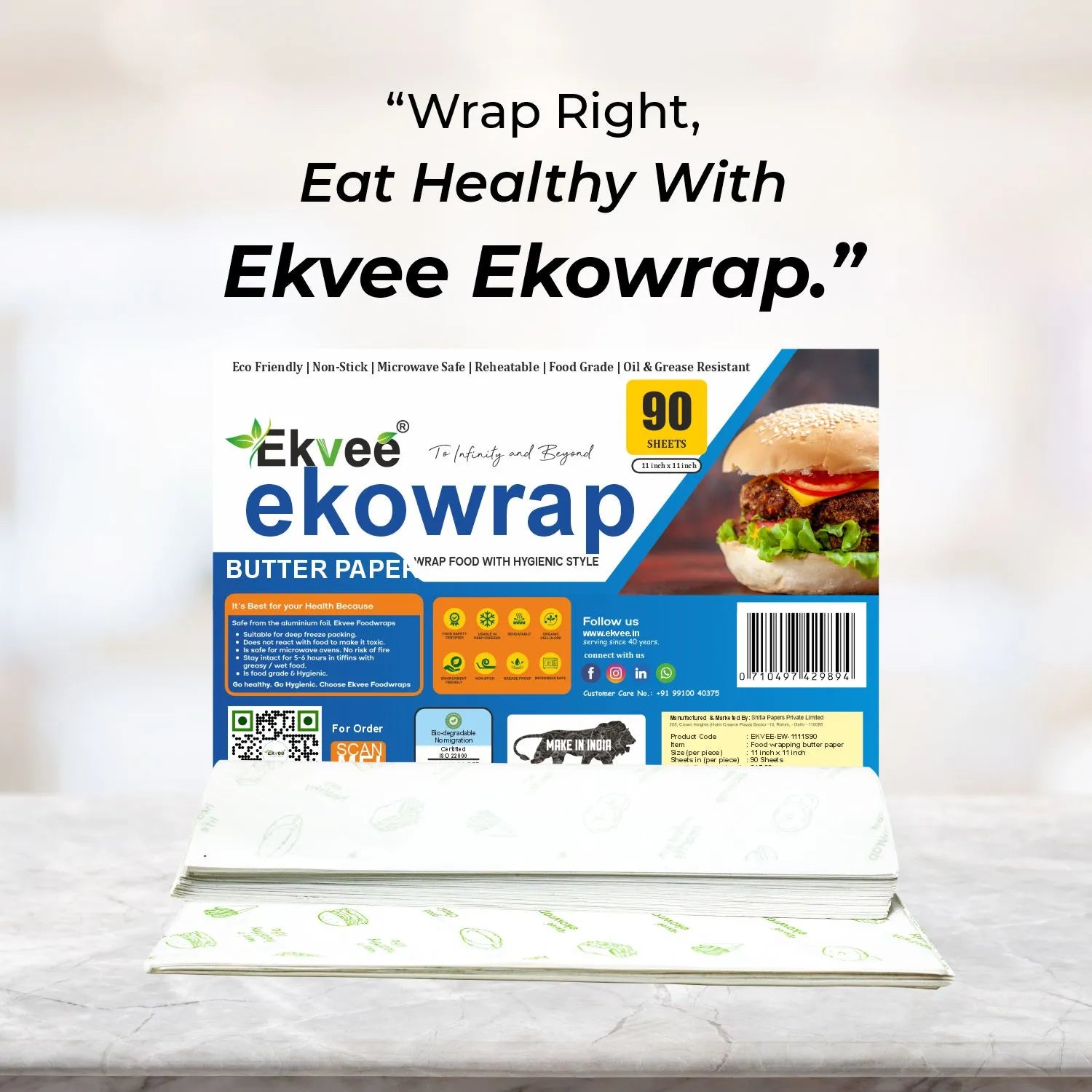 Ekowrap Butter Paper 90 Sheets (11x11 Inch) Pack of-1