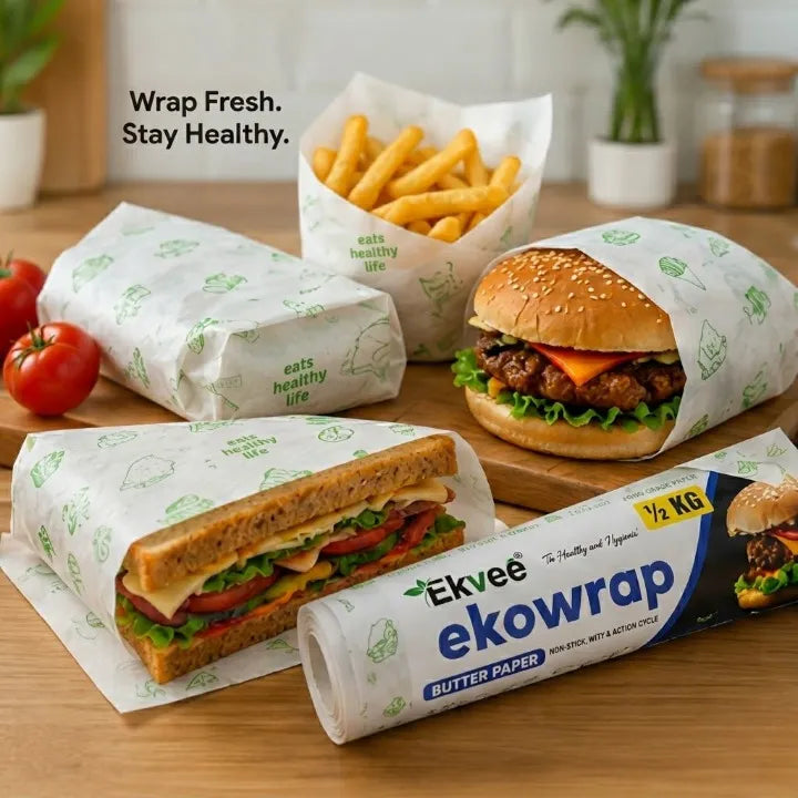  Ekowrap butter paper used to wrap a burger, sandwich, and serving of fries, with the Ekowrap butter paper roll displayed in the foreground. Text reads “Wrap Fresh. Stay Healthy.”