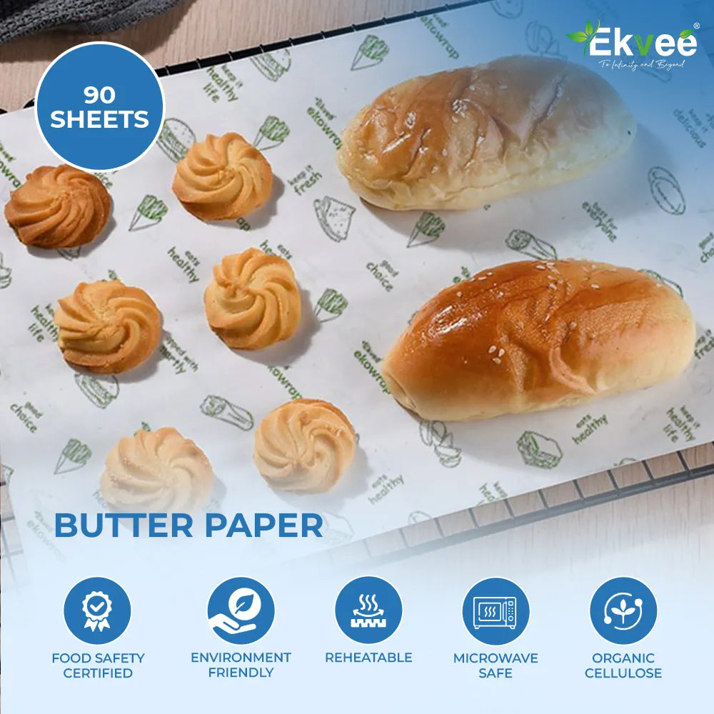 Ekvee Butter Paper sheets shown with baked pastries on top, with a blue badge reading '90 SHEETS' and feature icons along the bottom. The product is the reusable butter paper, demonstrated with croissants and small pastries placed on it.