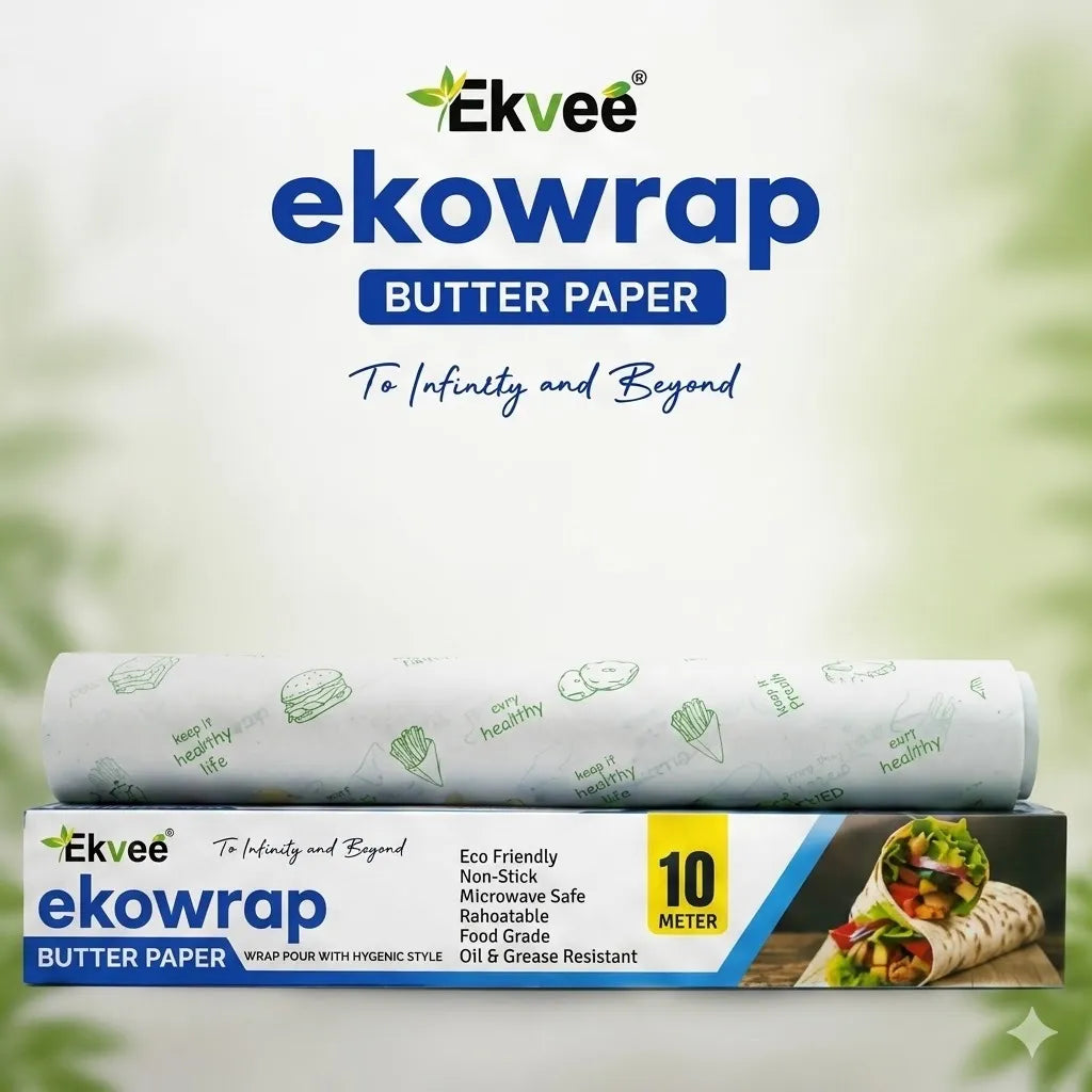 Ekvee Ekowrap Butter Paper 10-meter roll shown with its retail box on a soft green blurred background. The packaging is white and blue with green leaf illustrations and a yellow '10 METER' badge.
