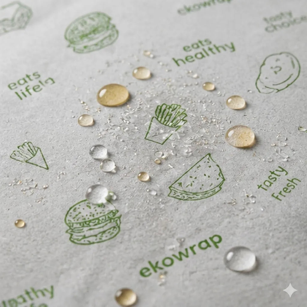 Close-up of a textured light gray surface printed with green food illustrations and phrases like 'eats healthy' and 'ekowrap', with clear water droplets and a few gold beads resting on top.