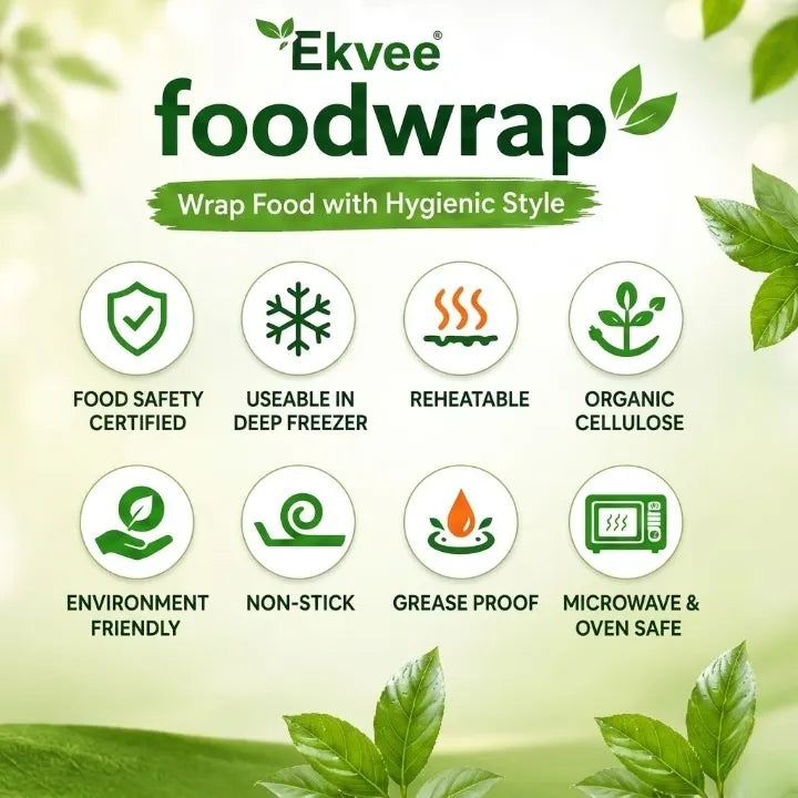 Ekvee Food Wrap promotional graphic on a light green background with leaf illustrations. The text reads 'Ekvee foodwrap' and lists features such as food safety certified, usable in deep freezer, reheatable, organic cellulose, environment friendly, non-stick, greaseproof, and microwave & oven safe, each inside a circular icon.