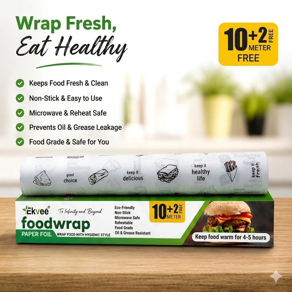 Ekvee brand 10+2 meter roll of paper food wrap displayed on its green and white retail box, set on a wooden surface with a blurred kitchen background. The image includes marketing text highlighting benefits like keeping food fresh and microwave safe.