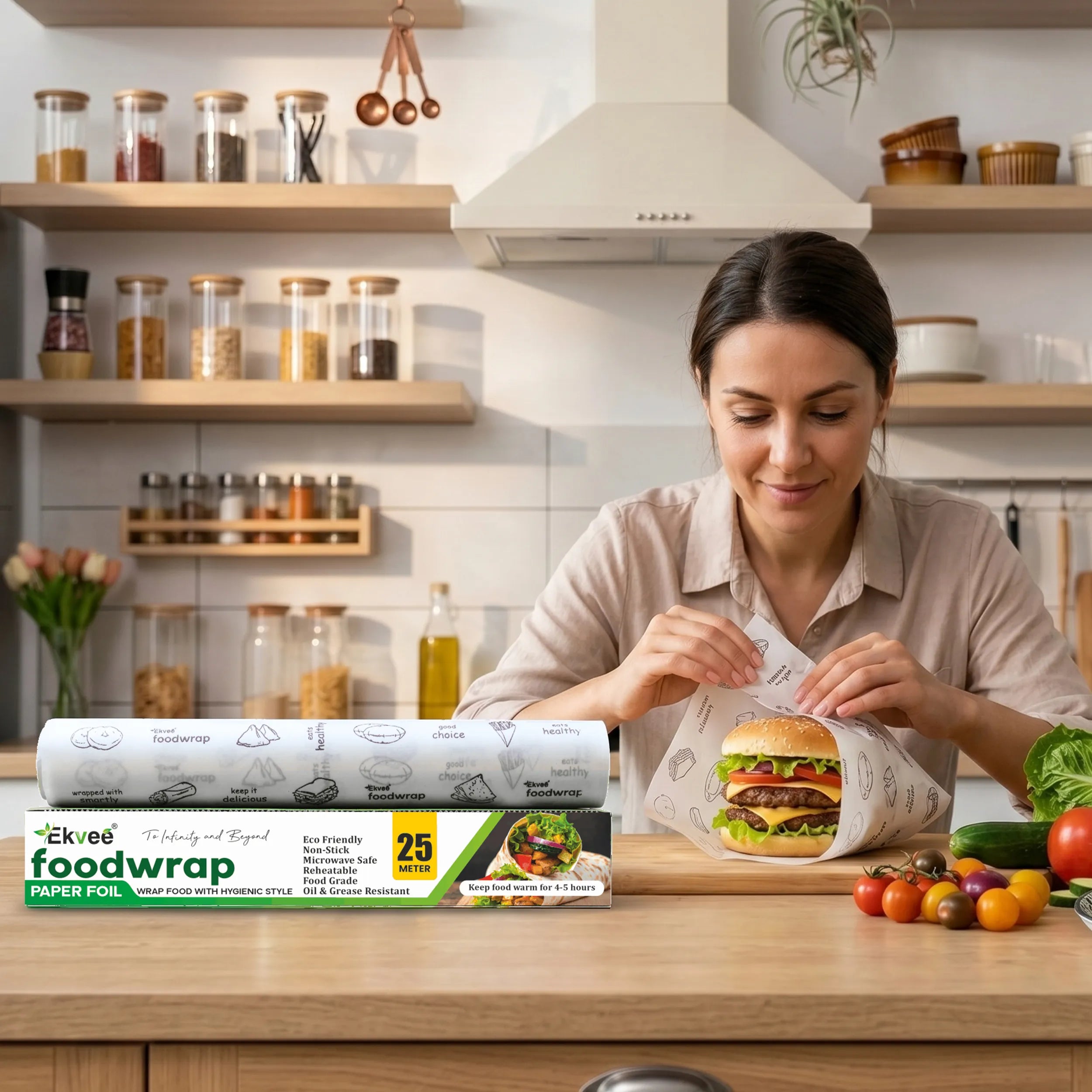 A woman in a kitchen is wrapping a hamburger in paper food wrap, with a roll of Ekoo paper foil foodwrap and its packaging box displayed in the foreground.