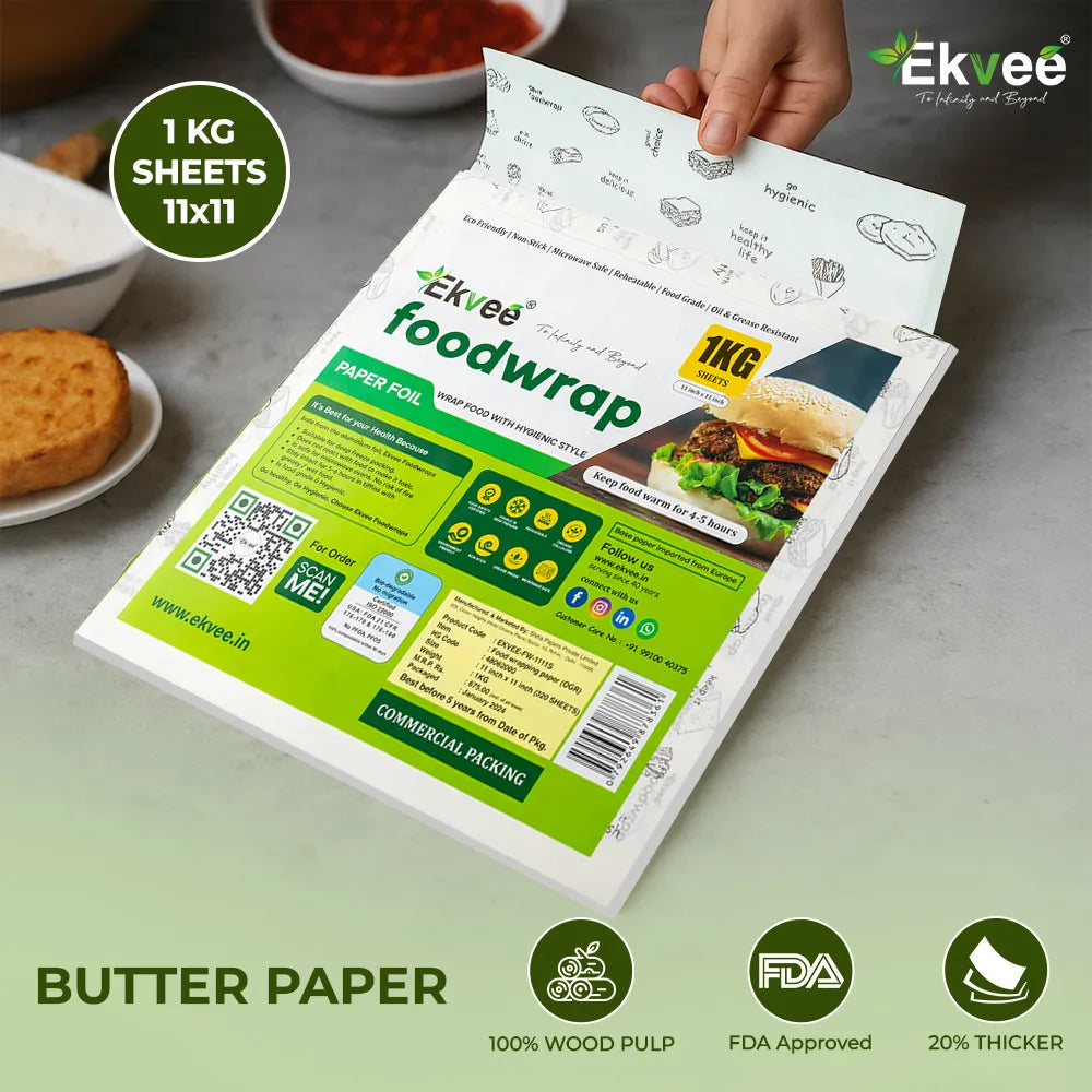 A hand holds a package of Ekvee foodwrap paper sheets, showing the front and back of the packaging. The packaging is green and white with product details, a burger graphic, and a QR code.