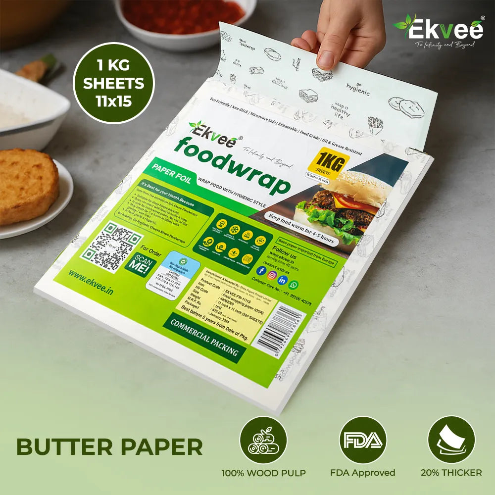 A hand holds an open package of Ekvee Foodwrap sheets, showing the white and green inner sheets. The image includes promotional text overlays for 'Butter Paper' and product features like '100% Wood Pulp', 'FDA Approved', and '20% Thicker'.