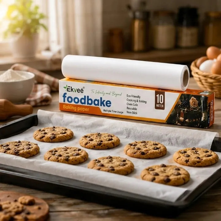 A roll of Ekvee foodbake baking paper is shown unrolled over a baking tray of chocolate chip cookies in a warm, rustic kitchen setting.