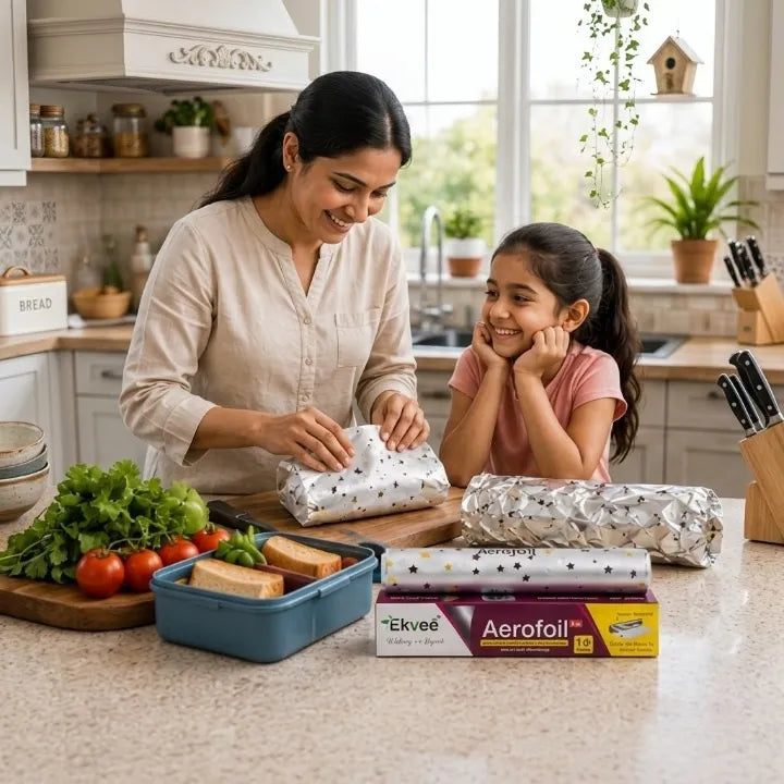 A woman and a young girl in a bright kitchen, wrapping a lunchbox with patterned wrapping paper. In the foreground, rolls of wrapping paper and a box of Ekvee Aerofoil are displayed on a kitchen counter with fresh vegetables and sandwiches.