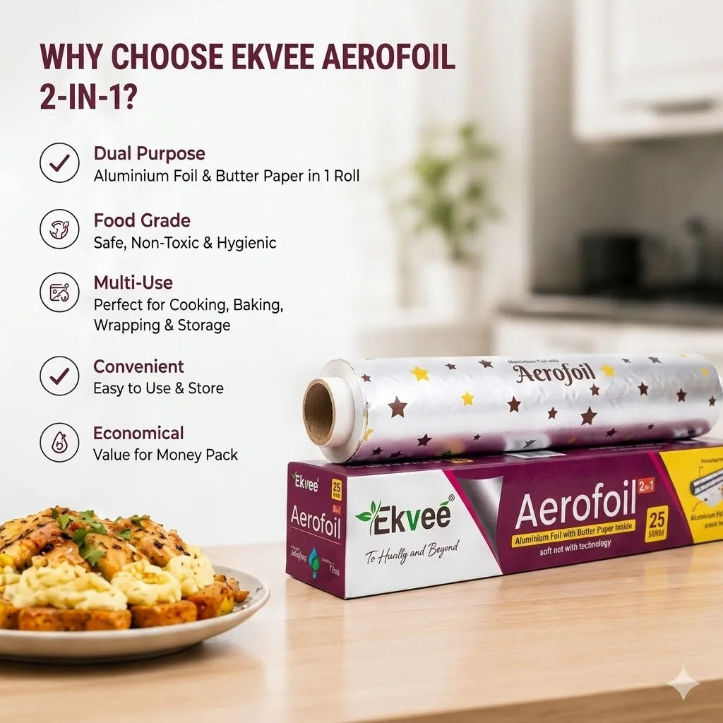 Ekvee Aerofoil 2-in-1 aluminium foil and butter paper roll shown with its retail box on a kitchen counter, alongside a plate of food and promotional text highlighting dual-purpose use, food grade quality, multi-use options, and convenience.