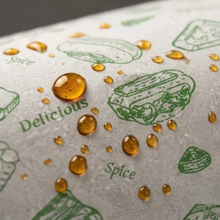 Close-up of Ekopluss paper food wrap featuring green burger illustrations and the words “Delicious” and “Spice,” with water droplets on the surface.