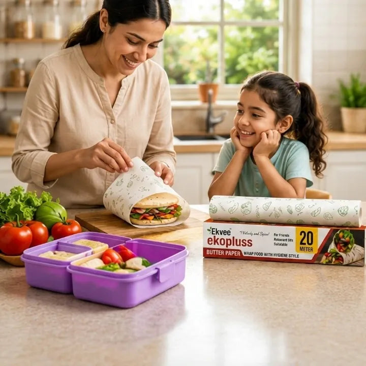 A woman and a child in a bright kitchen prepare food with Ekvee ekopluss butter paper wrap and a purple bento box in the foreground.