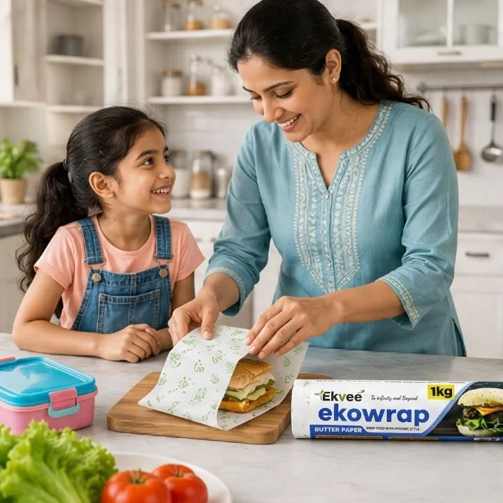 A woman and a young girl in a bright kitchen prepare a sandwich wrapped in Ekvee ekowrap butter paper. The Ekvee ekowrap box is visible on the counter next to a pink lunchbox with a blue lid.