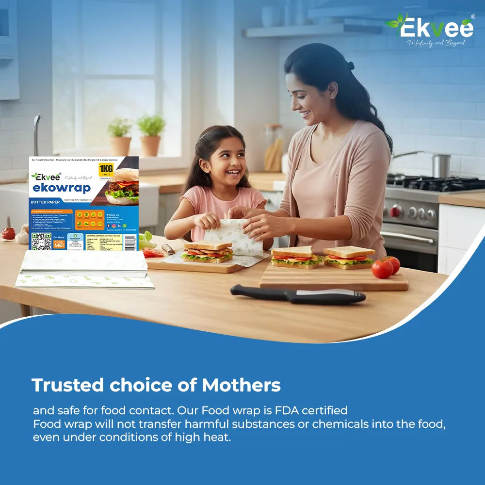 Ekvee Ekowrap butter paper being used to wrap sandwiches in a kitchen by a mother and daughter. The product pack is shown alongside the food, with text highlighting food-contact safety, FDA certification, and protection against harmful substances or chemicals even at high heat.