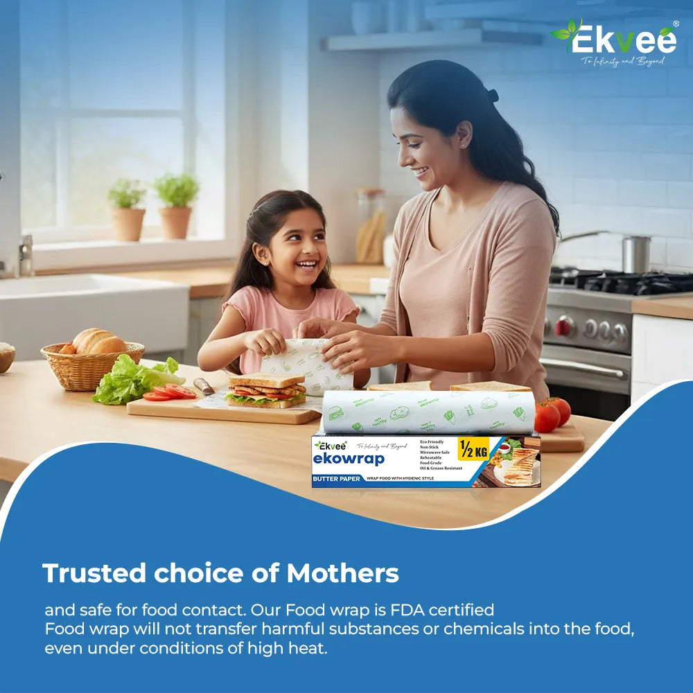 A woman and child preparing food at a kitchen counter with a box of Ekvee Ekowrap food wrap in the foreground, set against a bright kitchen background with a blue promotional text banner at the bottom.