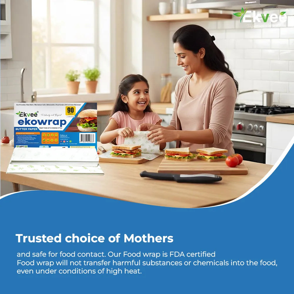 A woman and child preparing sandwiches at a kitchen counter, with a box of Ekvee Ekowrap butter paper wraps placed on the counter beside them. The scene is set in a bright, modern kitchen, with a blue banner at the bottom containing promotional text.