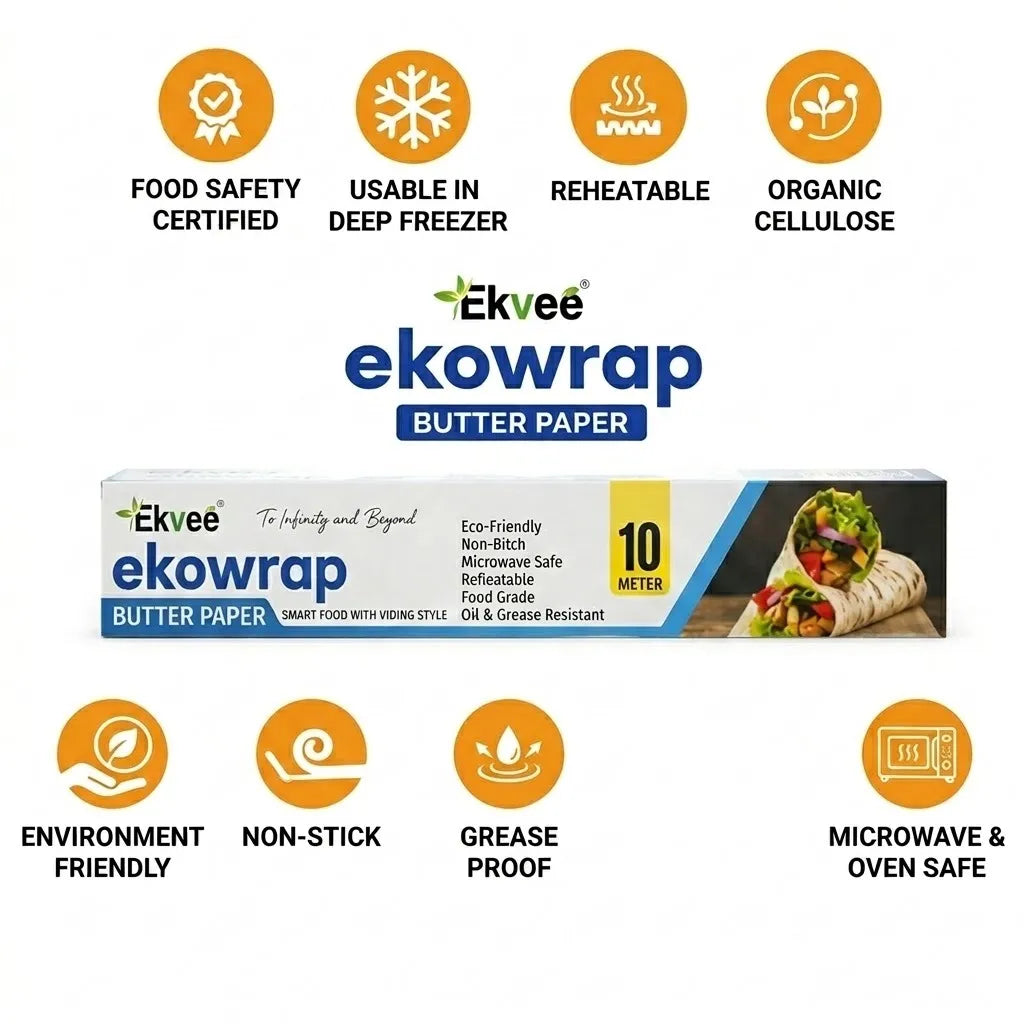 Ekvee Ekowrap Butter Paper 10-meter roll packaging shown on a white background with feature icons around it, including food safety certified, reusable in deep freezer, reheatable, organic cellulose, environment friendly, non-stick, grease proof, and microwave & oven safe.