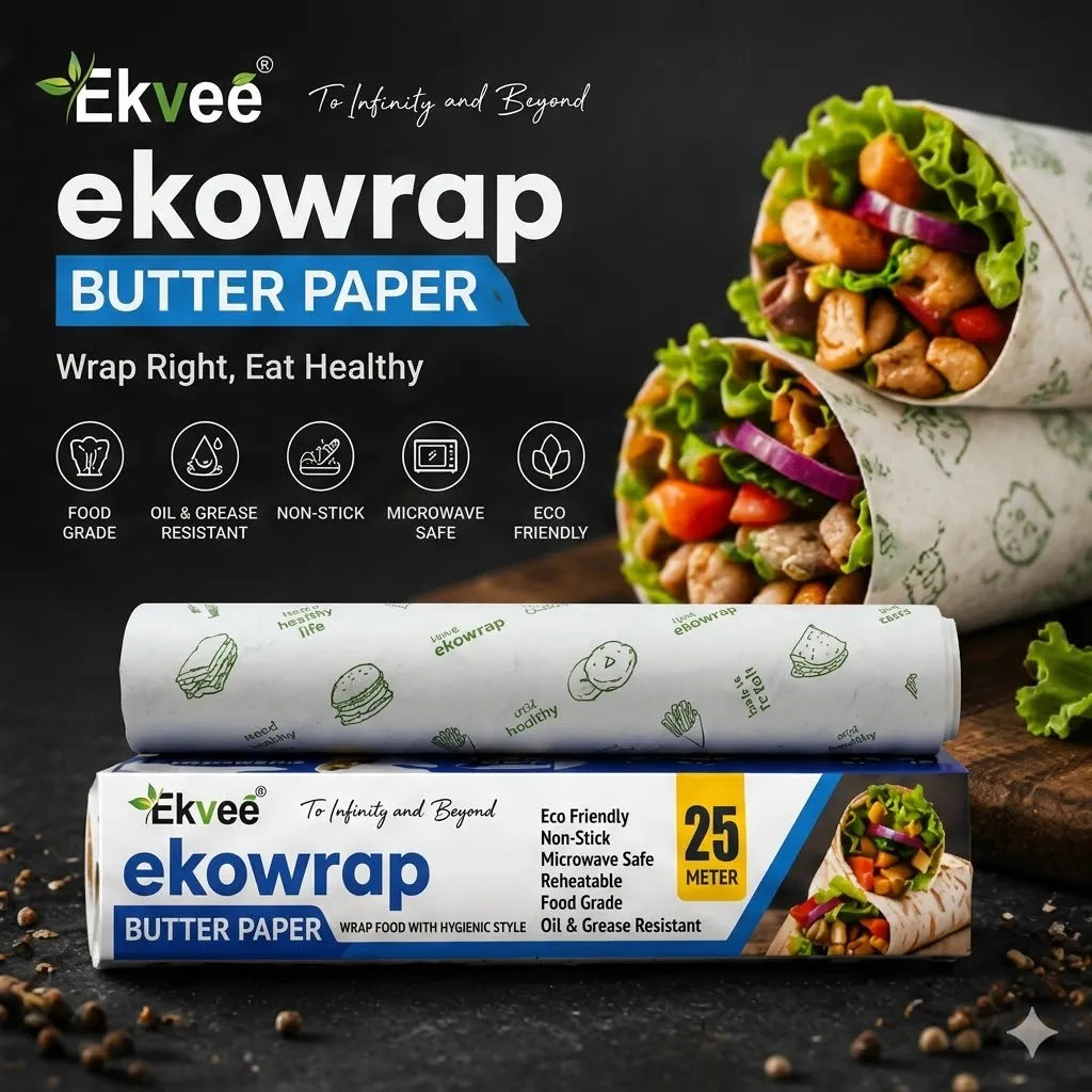 Ekvee Ekowrap Butter Paper packaging shown with two wrapped wraps on a dark textured background, alongside food photography and feature icons.