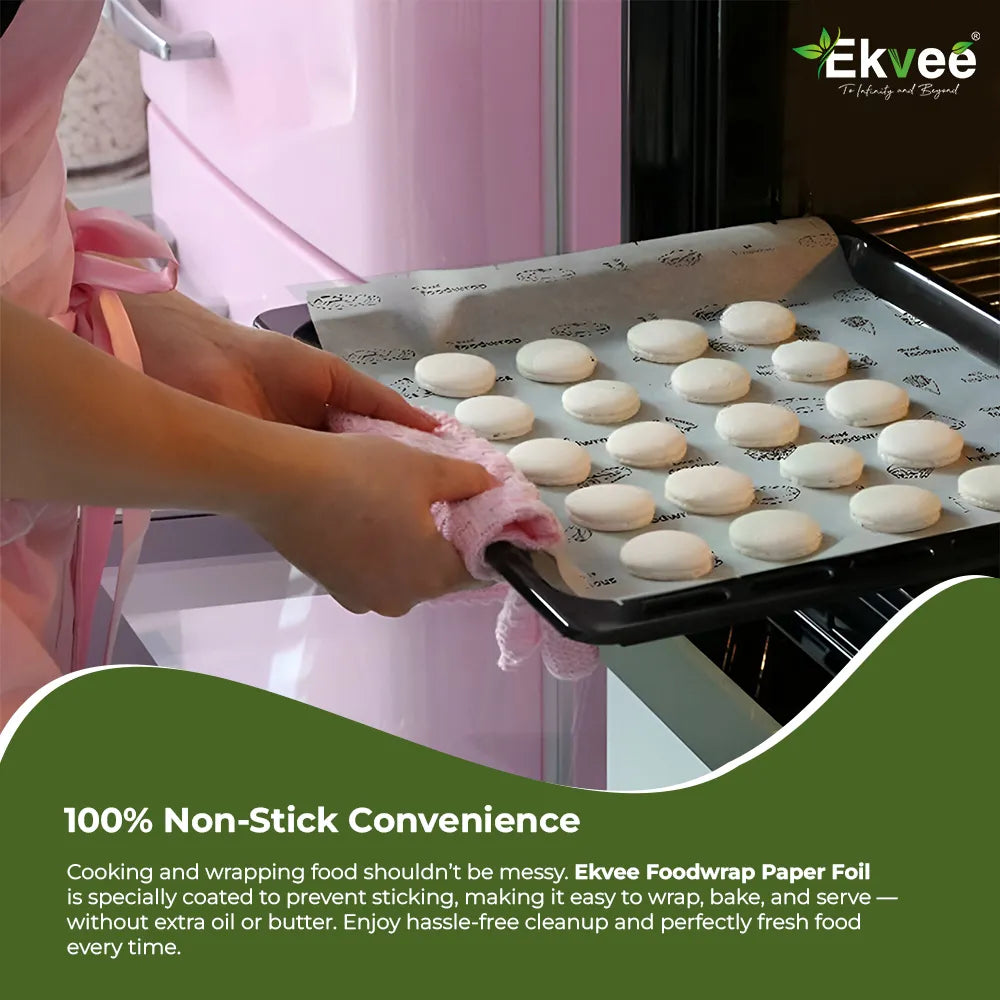 A person uses a pink cloth to remove a baking tray lined with Ekvee non-stick paper from an oven. The Ekvee logo appears in the top right, and a green text banner at the bottom highlights the 100% non-stick convenience of the food wrap paper foil.