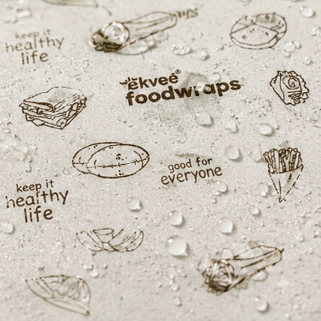A close-up of a textured beige surface with embossed food illustrations and phrases like 'keep it healthy life' and 'good for everyone,' covered with water droplets. The central embossed text reads 'ekvee foodwrap.