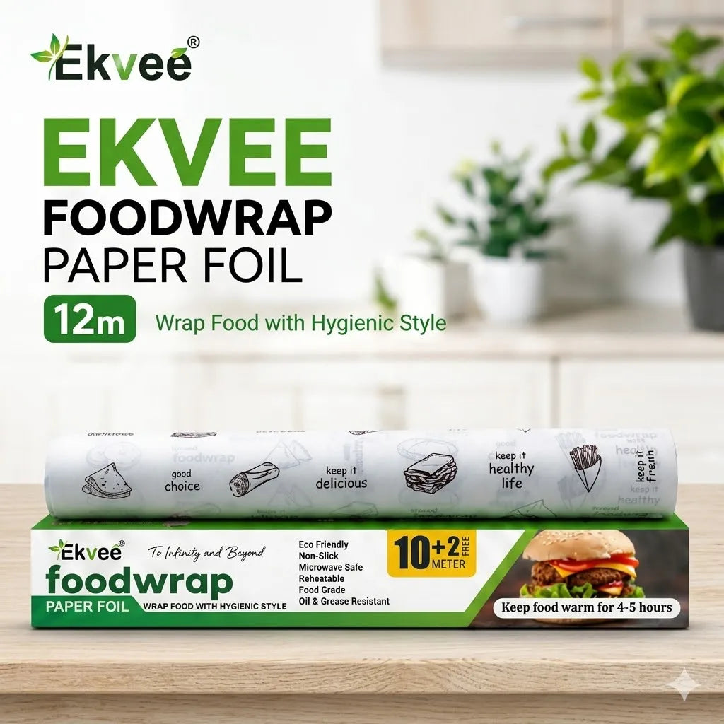 Ekvee 12-meter roll of paper food wrap displayed on a wooden surface with a blurred kitchen background. The packaging is green and white with product details, and the roll shows printed food illustrations.
