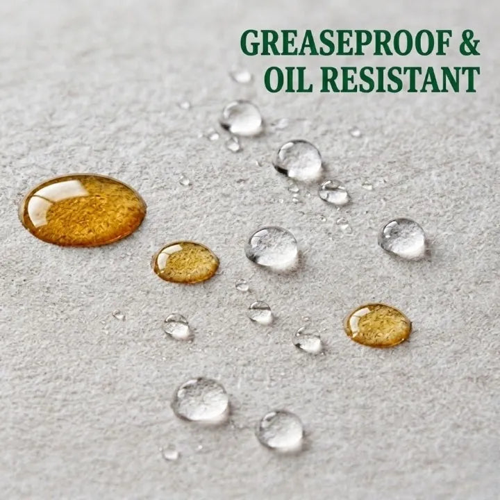 Text reading 'GREASEPROOF & OIL RESISTANT' above several clear water droplets and two golden oil droplets on a light gray textured surface, demonstrating oil resistance.