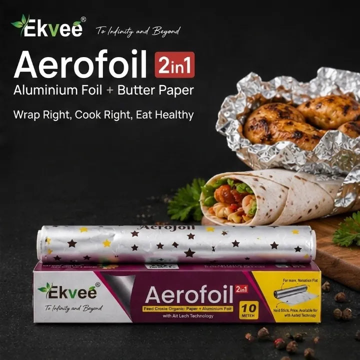 Ekvee 2in1 Aerofoil packaging box and roll of food wrap, shown with wrapped burrito, foil-wrapped chicken, and dark tabletop background with food props.