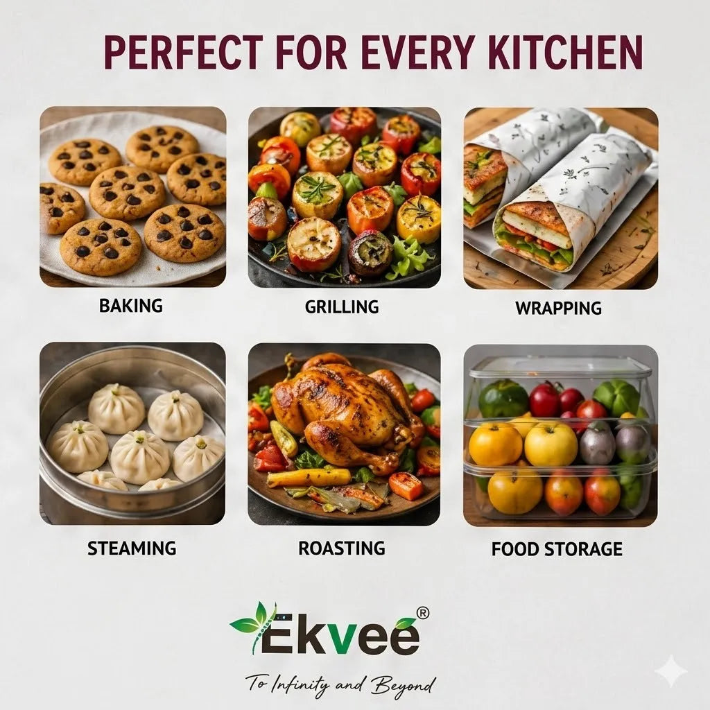 Ekvee Aerofoil 2-in-1 Aluminium Foil and Paper Roll shown for baking, grilling, wrapping, steaming, roasting, and food storage.