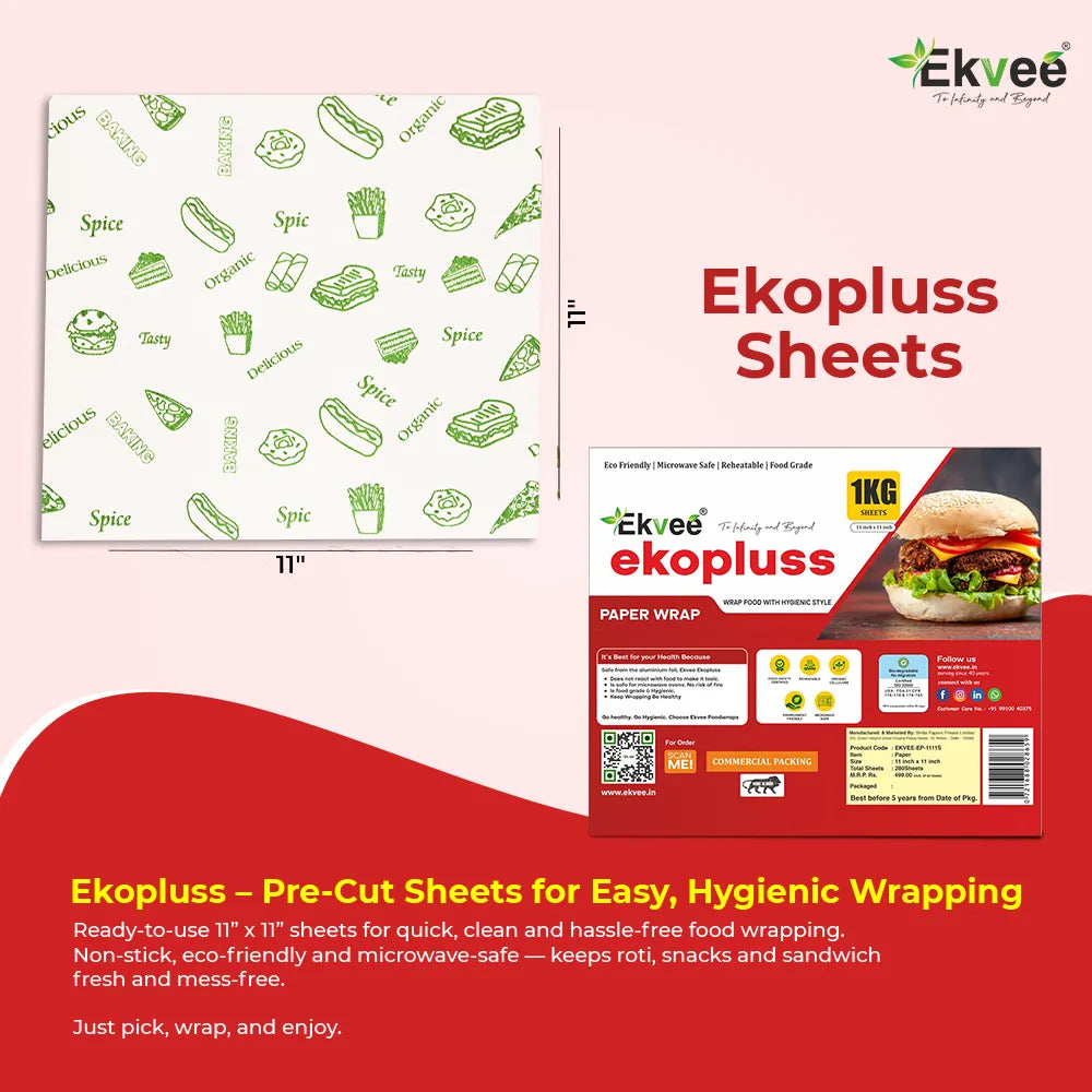 Ekvee Ekopluss 11 × 11-inch pre-cut paper wrap sheets displayed alongside their 1 kg packaging, featuring green food-themed prints. The product is presented as non-stick, eco-friendly, microwave-safe, and suitable for hygienic wrapping of rotis, snacks, sandwiches, and other foods.