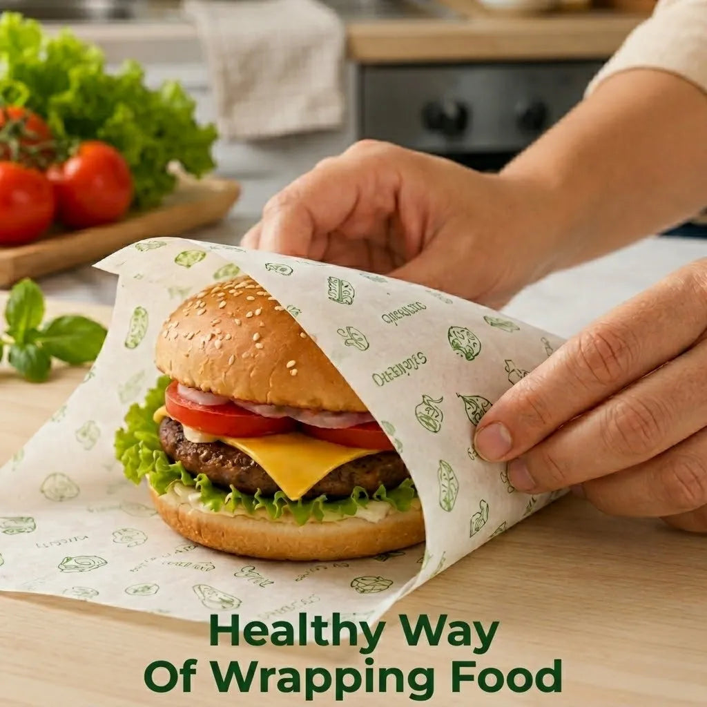 A close-up of a burger being wrapped in branded paper wrapper held by hands, with a blurred kitchen background and the text 'Healthy Way Of Wrapping Food' at the bottom.