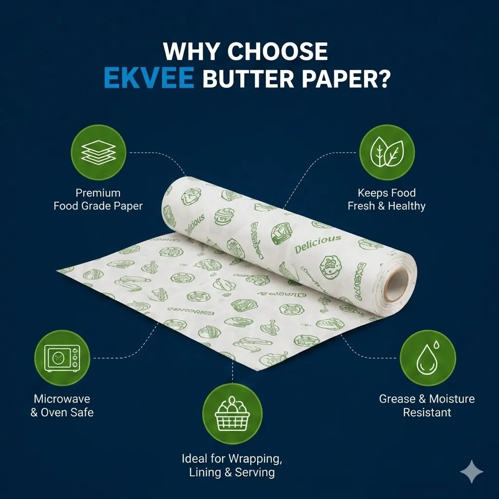 A promotional graphic for EKVEE butter paper on a dark blue background. The image shows a rolled sheet of white paper printed with green food-themed icons and text, surrounded by callout circles with benefits such as premium food grade paper, keeps food fresh & healthy, microwave & oven safe, ideal for wrapping, lining & serving, and grease & moisture resistant.