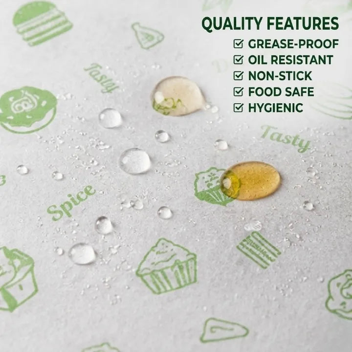 Butter paper sheet with water droplets and food illustrations, showing text highlighting “Grease-Proof, Oil Resistant, Non-Stick, Food Safe, Hygienic.”