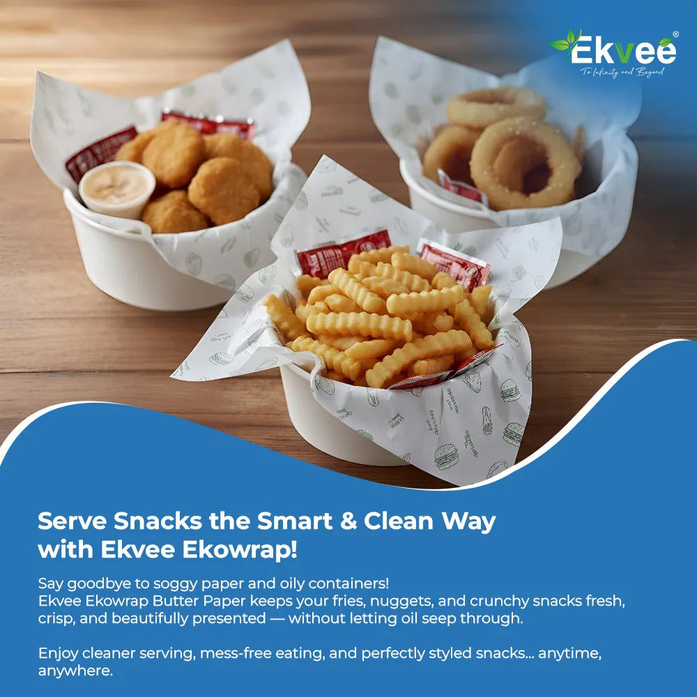 Three paper-wrapped buckets of fried snacks on a wooden table, with a blue promotional banner at the bottom featuring the Ekvee brand and text about serving snacks the smart and clean way.