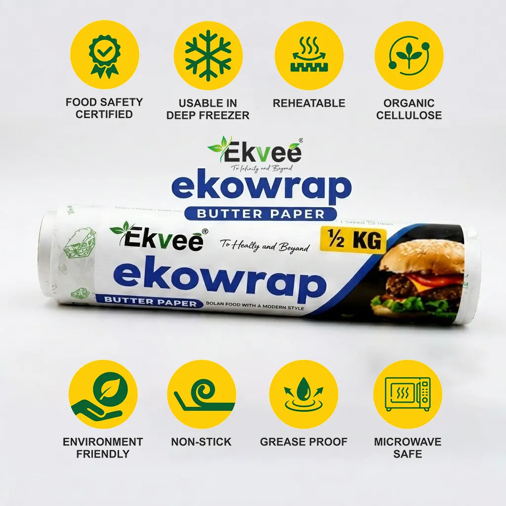 Ekowrap Butter Paper 500 gm roll pack displaying icons and labels for food safety certified, deep freezer safe, reheatable, organic cellulose, environment friendly, non-stick, grease proof, and microwave safe.