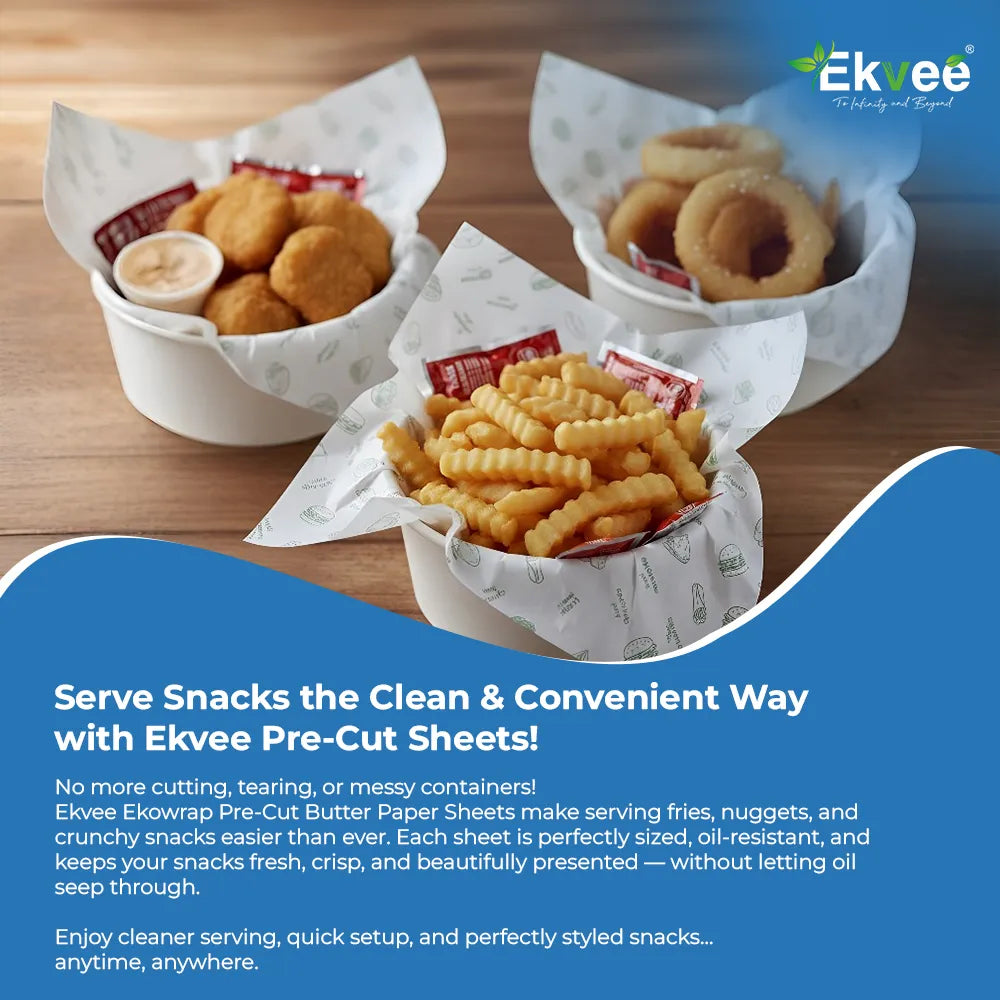 Three small white snack containers lined with Ekvee pre-cut butter paper sheets, filled with fried foods including curly fries, nuggets, and onion rings, on a wooden surface with a blue promotional text banner at the bottom.