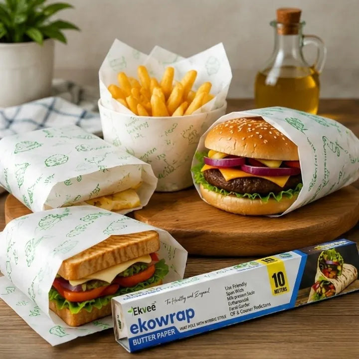 A food presentation scene showing several burgers and a sandwich wrapped in branded Ekowrap butter paper, with a side of fries and a bottle of oil on a wooden surface. The Ekowrap box is visible in the foreground.