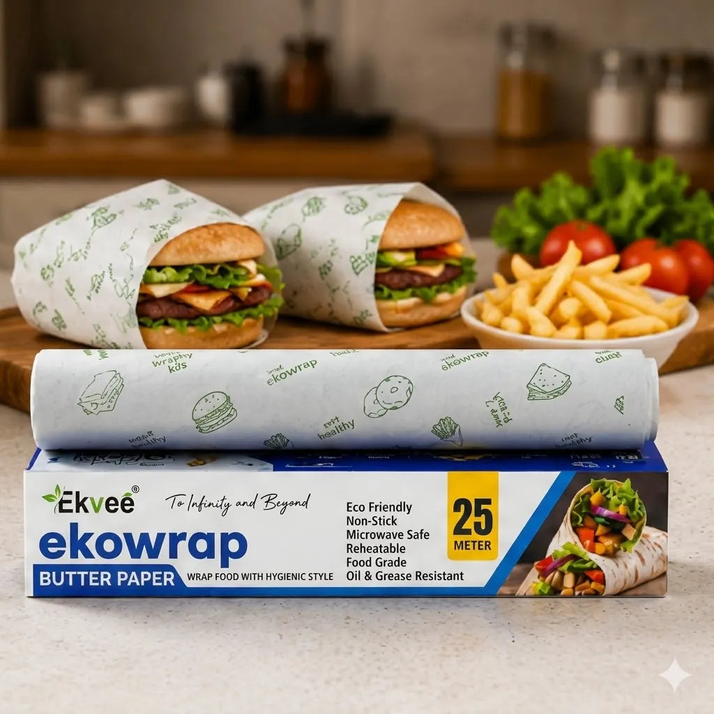 Ekvee Ekowrap butter paper roll and box shown in a kitchen setting, with two wrapped burgers and fries in the background.