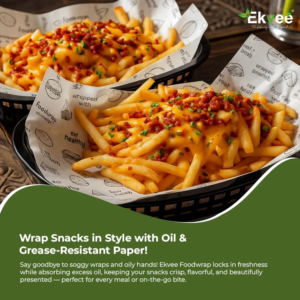 Two baskets of loaded french fries topped with melted cheese and crumbled bacon, served on branded paper liners. The scene includes a green promotional text banner at the bottom and the Ekvee logo in the top right.