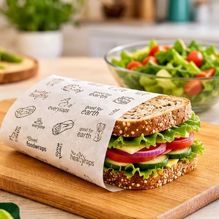 A sandwich wrapped in branded paper foodwraps sits on a wooden cutting board with a fresh salad bowl in the background.