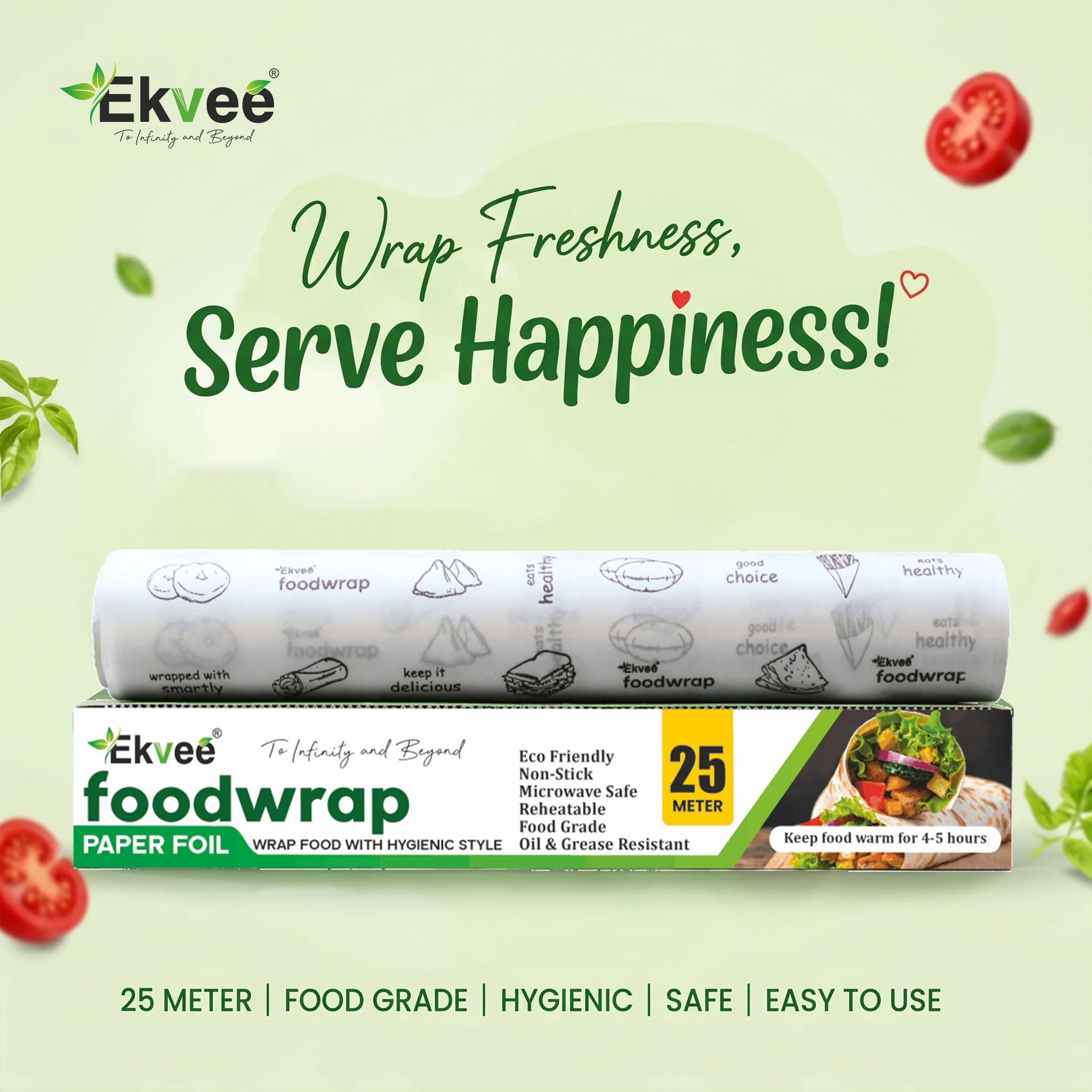Ekvee 25-meter roll of paper food wrap displayed on its retail box against a light green background with tomato and leaf graphics. The packaging highlights eco-friendly, non-stick, microwave safe, and reusable features.