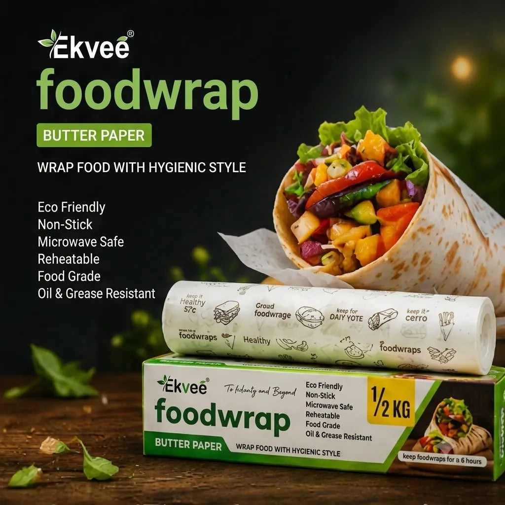 Ekvee Foodwrap Butter Paper packaging shown with a wrapped taco burrito and a roll of the paper wrap on a dark rustic background, with product text and benefits listed on the left.