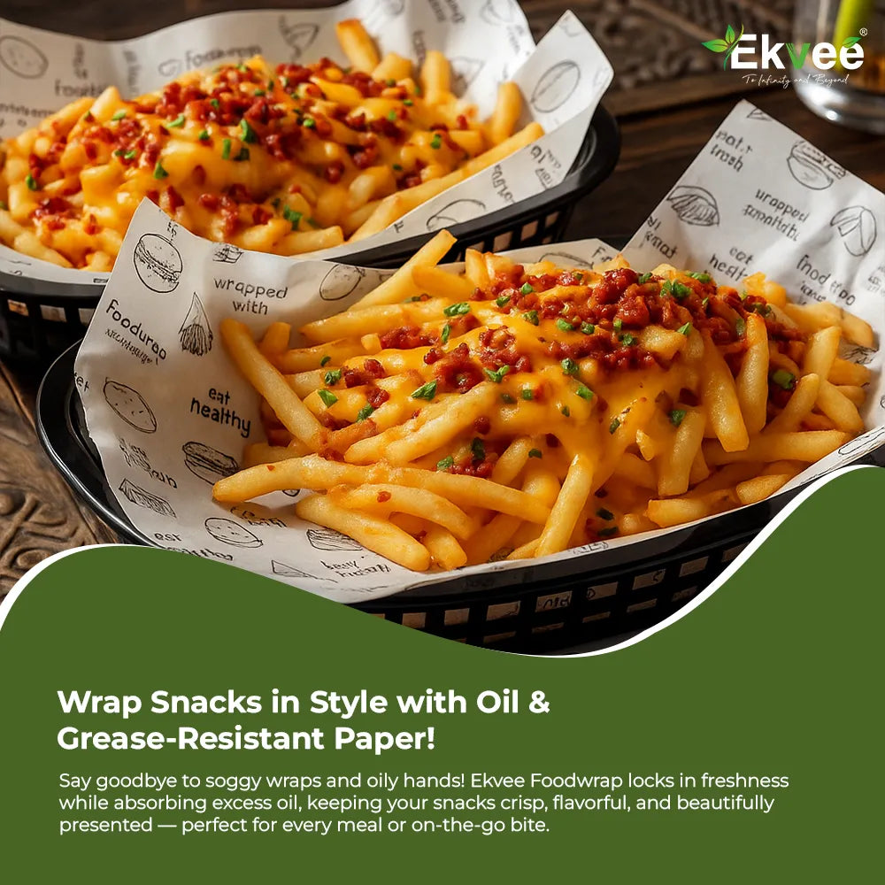 Two baskets of loaded french fries topped with melted cheese and crumbled bacon, served on branded paper liners. The scene includes a green promotional text banner at the bottom and the Ekvee logo in the top right.