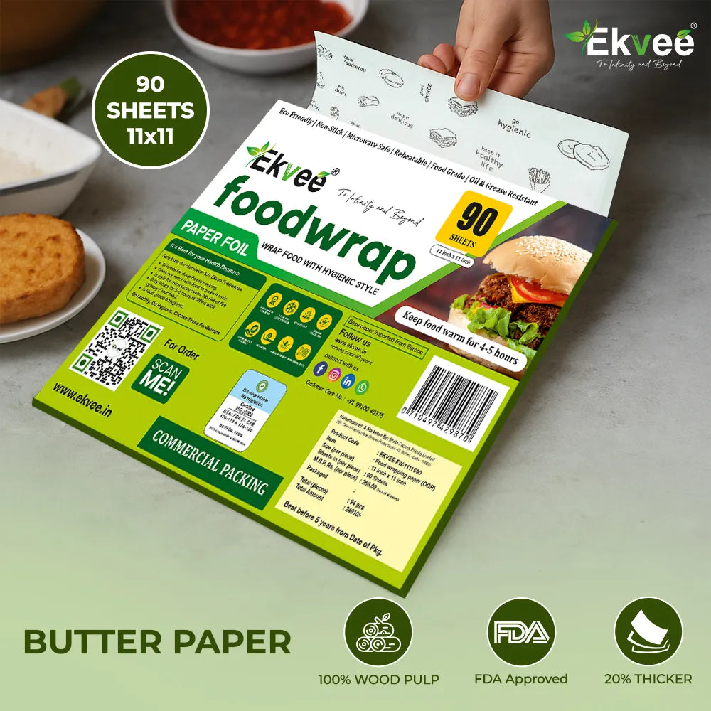 A hand holds an open package of Ekvee Foodwrap paper foil, showing the interior sheet count. The package is lime green and white with product details, a barcode, and a burger graphic.