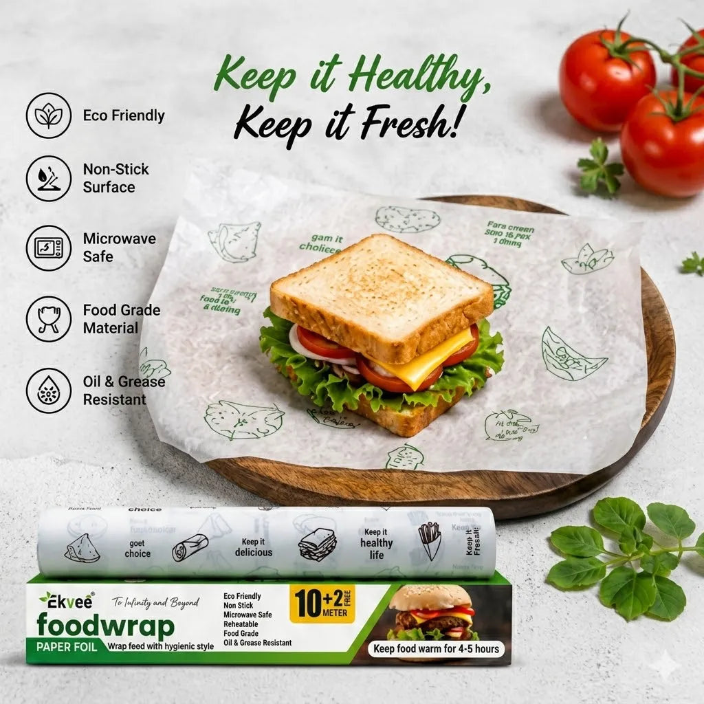 A roll of eco-friendly paper food wrap is shown with a toasted sandwich on branded parchment paper, alongside tomatoes, herbs, and feature icons. The product packaging at the bottom reads 'ekvee foodwrap' and highlights 'Eco Friendly Non Stick Microwave Safe Food Grade Material'.