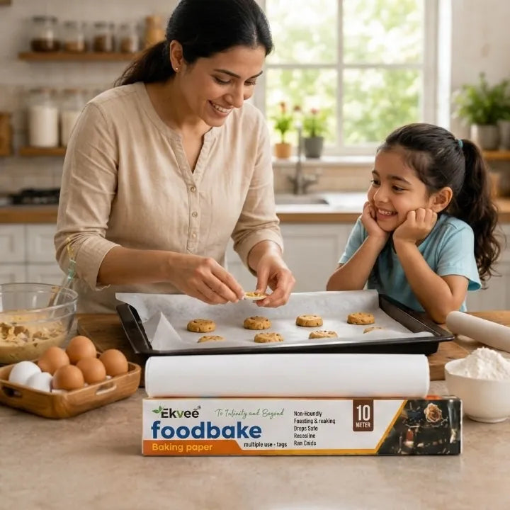 A woman and a child baking together in a bright kitchen, with a box of Ekvee Foodbake disposable baking paper rolls placed on the counter in the foreground.