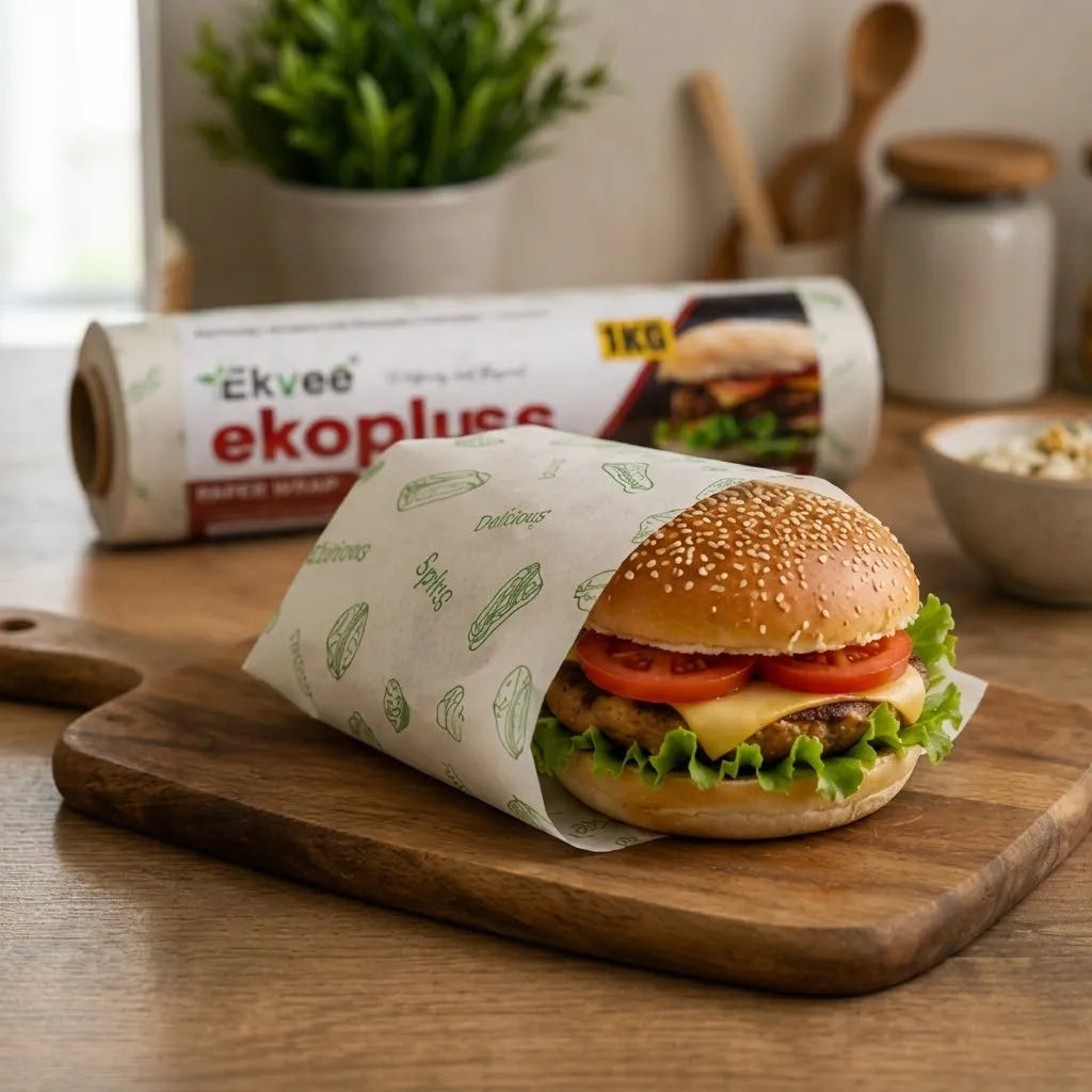 A paper burger wrap with green pickle illustrations is shown wrapped around a hamburger on a wooden cutting board, with a roll of Ekvee ekopluss paper wrap in the background.