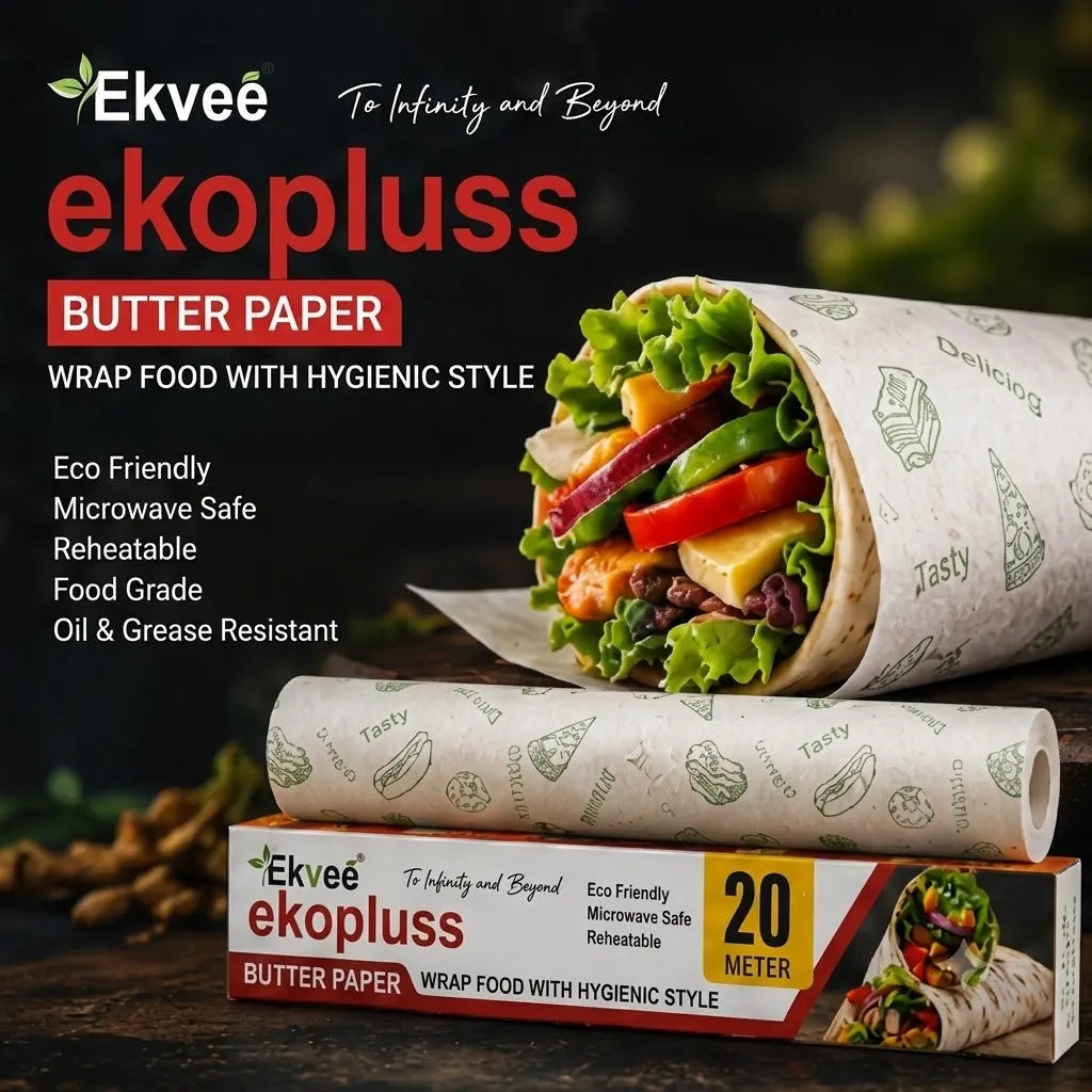 Ekvee Ekopluss reusable butter paper wrap shown with a wrapped burrito and a roll of the paper, plus the retail box. Text highlights eco-friendly, microwave safe, reheatable, food grade, and oil resistant properties.