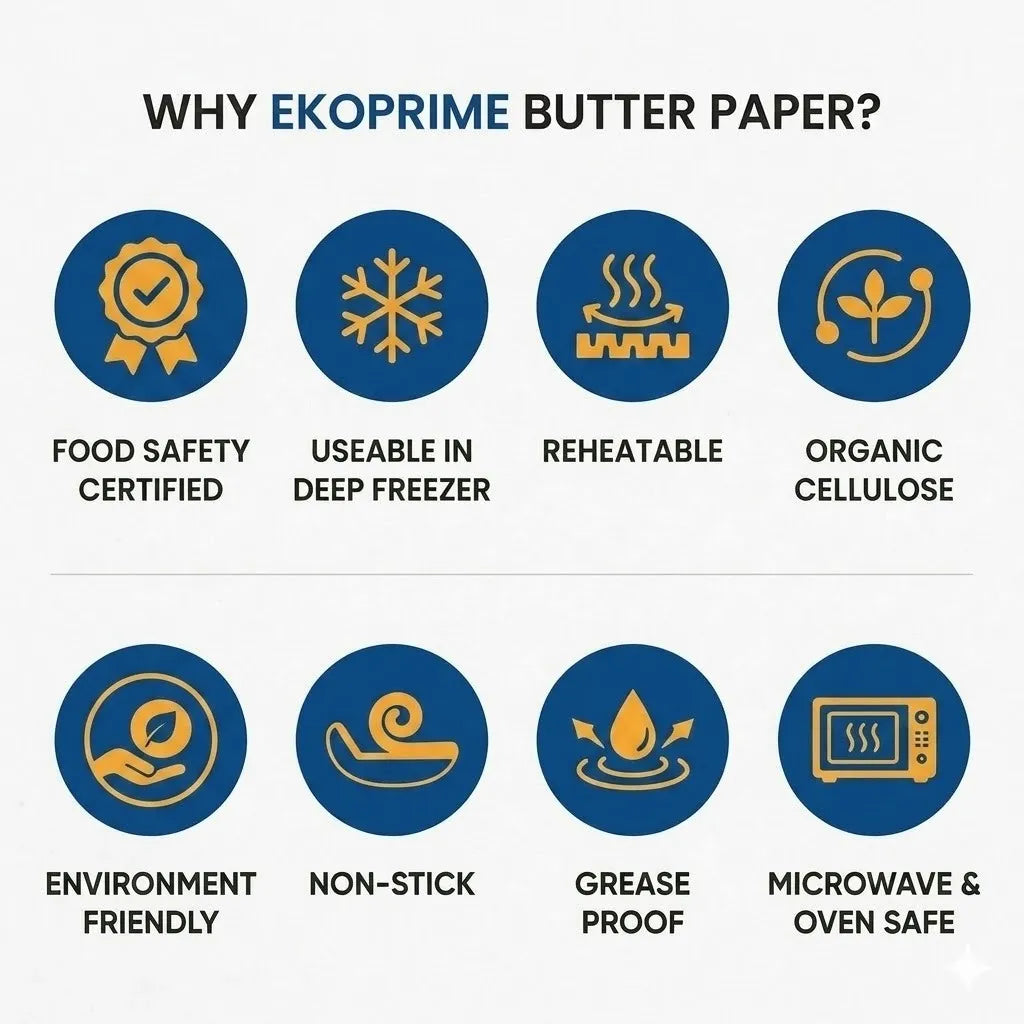 An infographic titled 'WHY EKOPRIME BUTTER PAPER?' on a white background, showing eight blue circular icons with yellow symbols and text listing benefits such as food safety certification, use in a deep freezer, reheatability, organic cellulose, environment friendly, non-stick, grease proof, and microwave & oven safe.