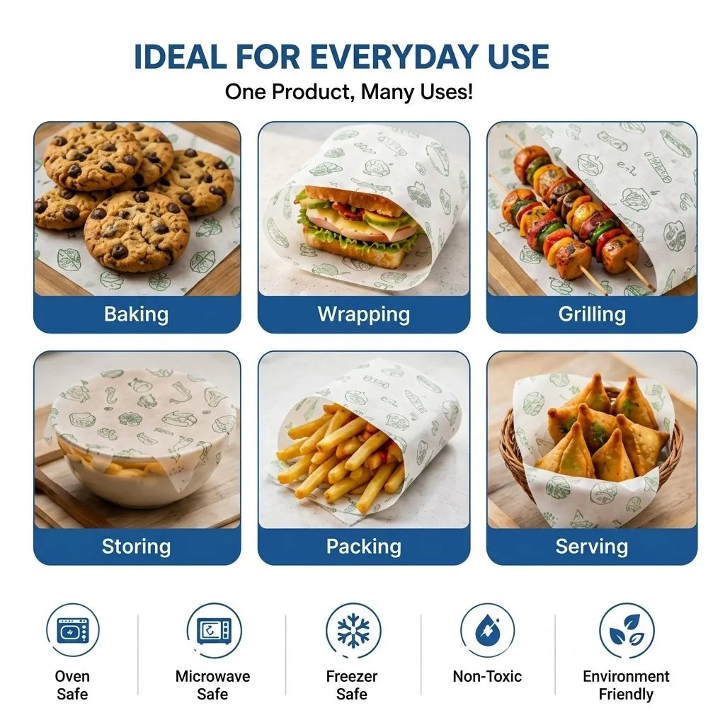 A promotional infographic for a reusable food wrap, showing six use cases in a grid: Baking with cookies, Wrapping a sandwich, Grilling with skewers, Storing food in a bowl, Packing fries, and Serving samosas. The top text reads 'IDEAL FOR EVERYDAY USE' and 'One Product, Many Uses!' on a white background with blue labels.