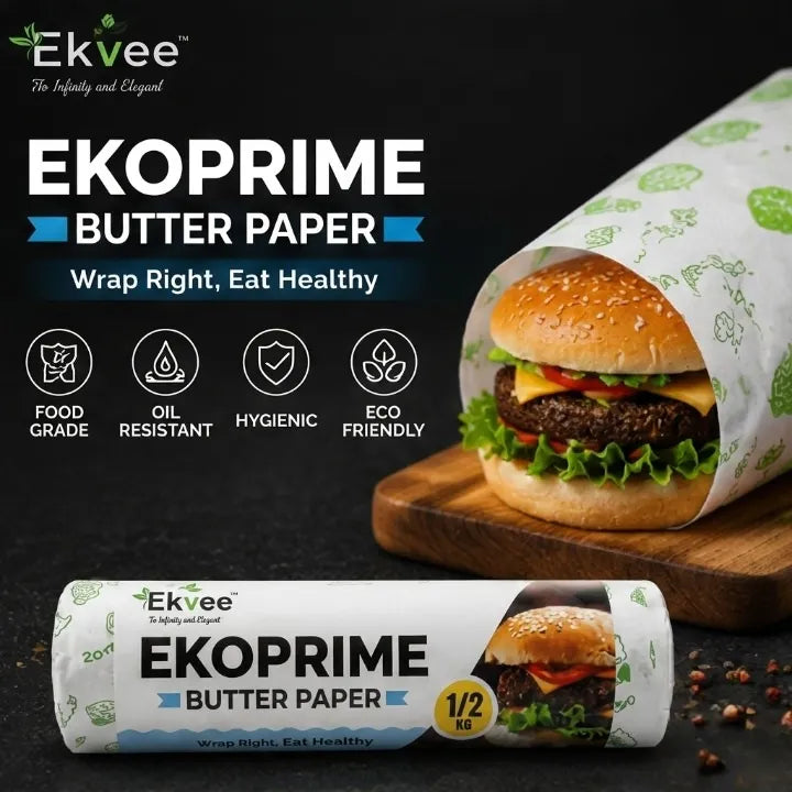 Ekvee Ekoprime Butter Paper packaging and a burger wrapped in the paper, shown on a dark background with product features.